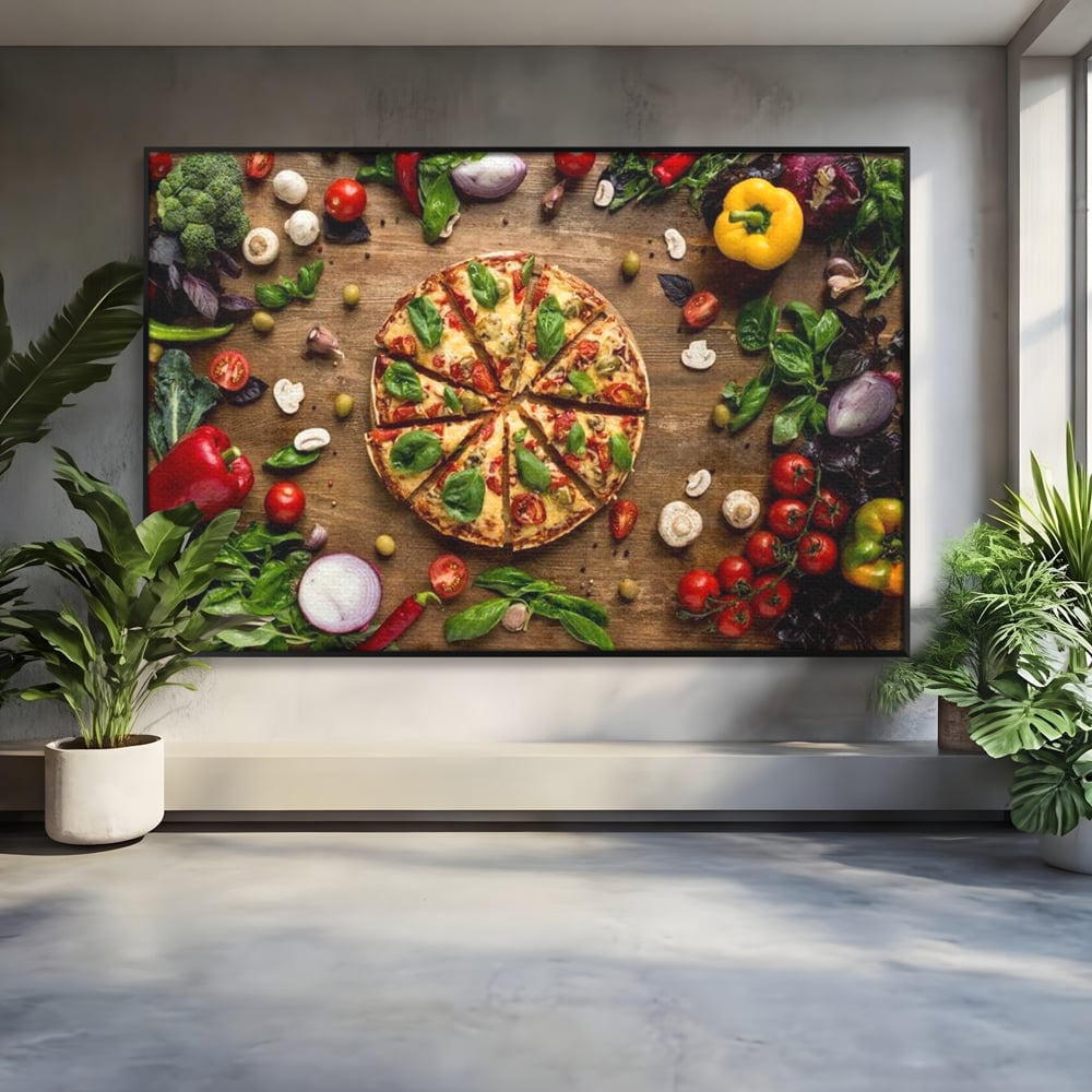 Tablou canvas cu tablou canvas cu pizza si legume, in rama de aluminiu negru